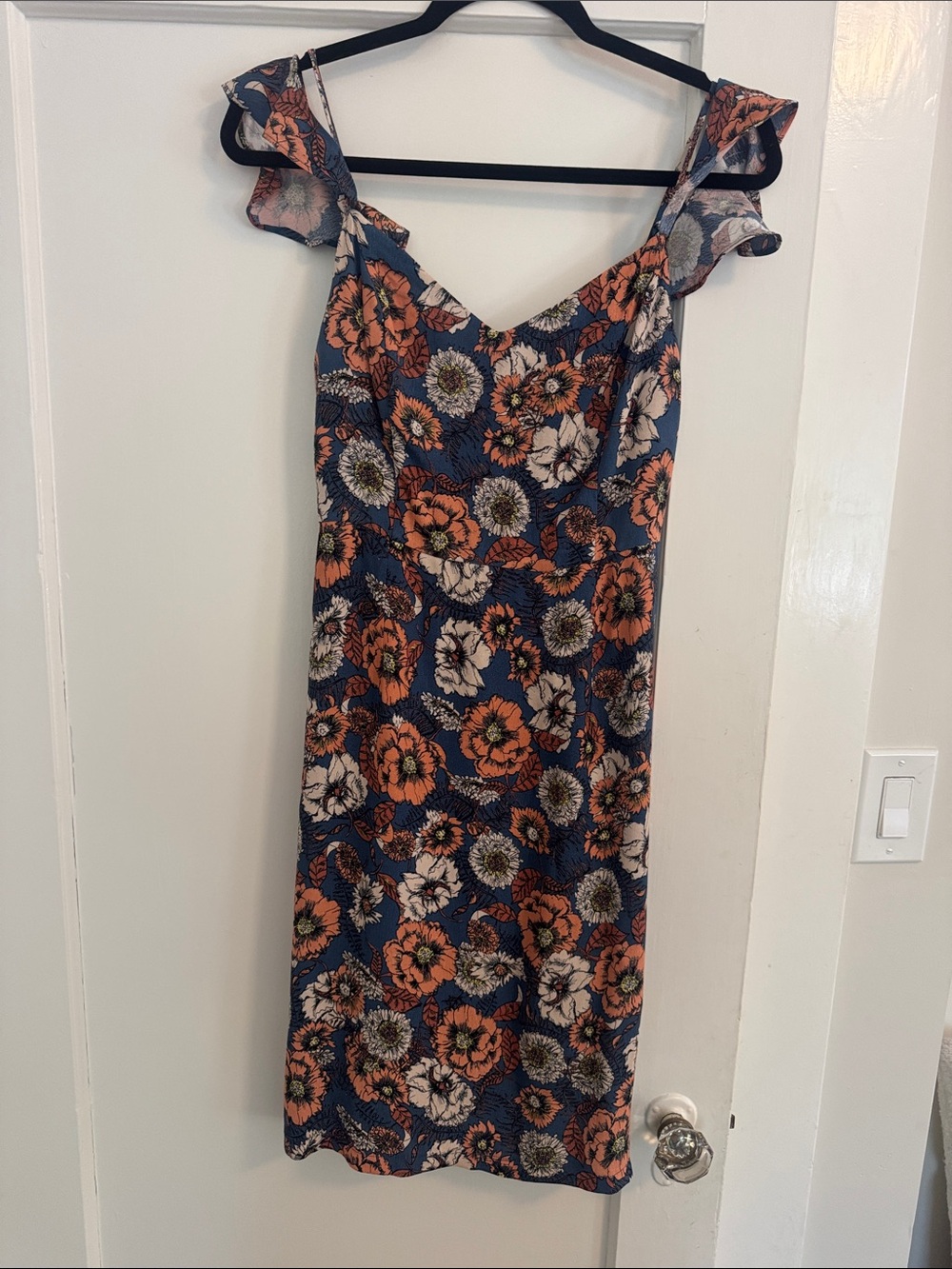Astr Floral Ruffle Strap Midi Dress in Navy, Orange & Cream